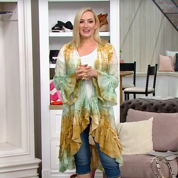 TOLANI Oprah Tie-Die Eyelet Bell Sleeve Wrap Kimono Cover-Up Mint Gold {F12} - Picture 1 of 7